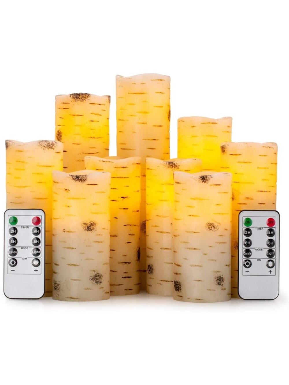 Set of 9 Flameless LED Candles with Birch Bark - Battery-Operated, Remote